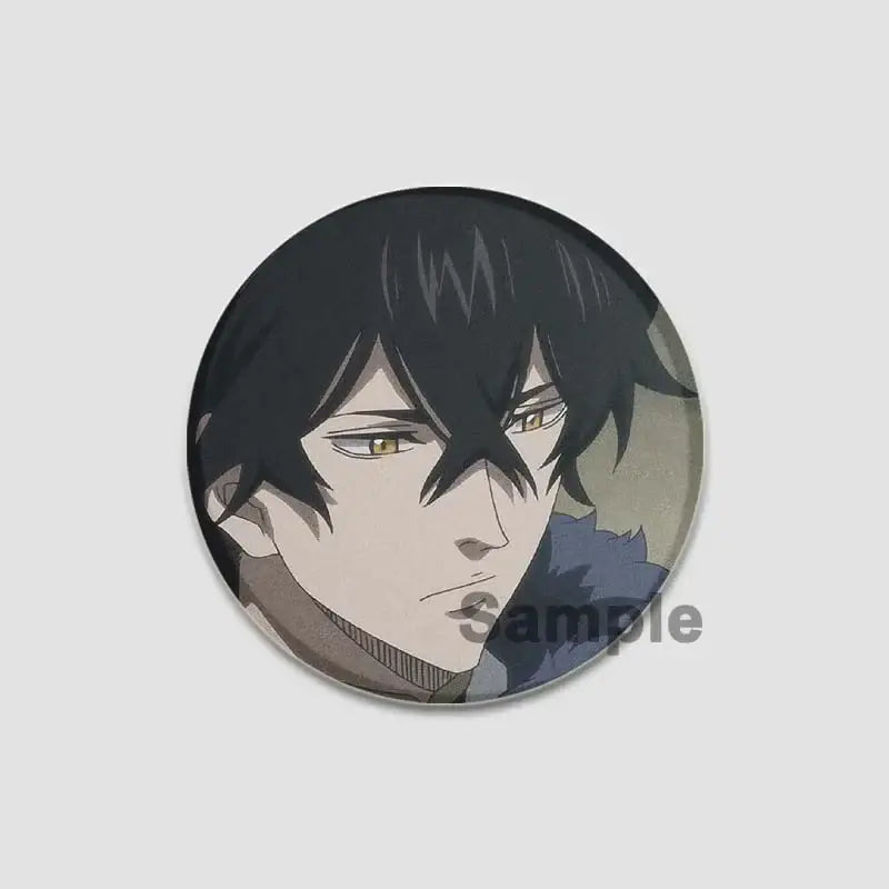 Black clover asta lapel pin featuring a circular design with black hair, golden eyes, and a textured grayish blue collar