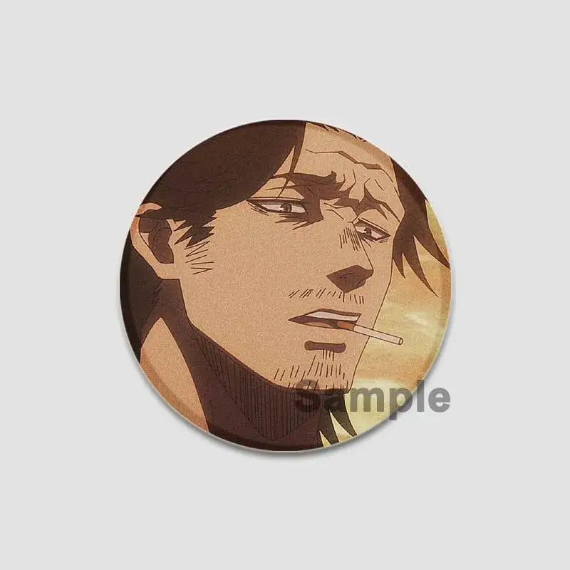 Circular black clover asta lapel pin featuring anime character with dark hair smoking cigarette in warm brown tones
