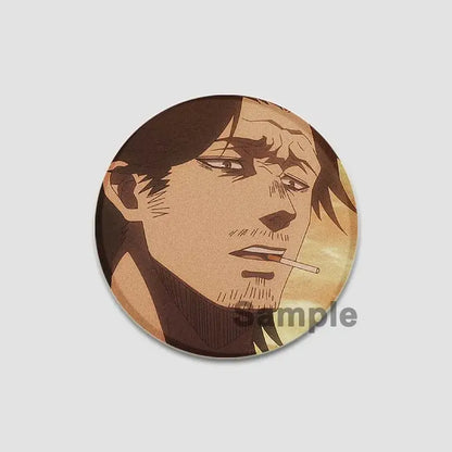 Circular black clover asta lapel pin featuring anime character with dark hair smoking cigarette in warm brown tones