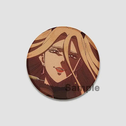 Circular black clover asta lapel pin featuring an anime-style blonde woman with red lips in warm brown tones