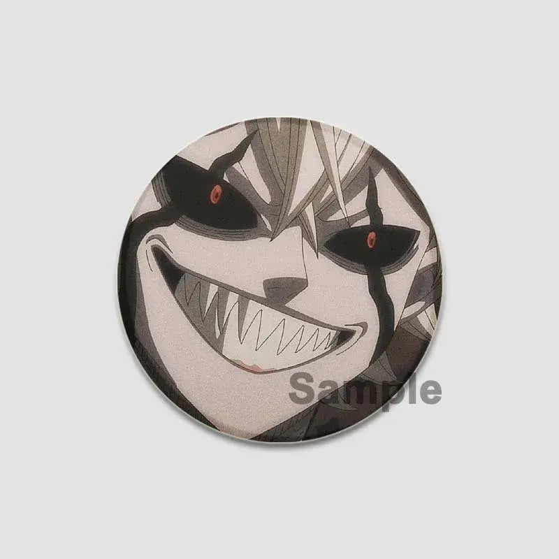 Black clover asta lapel pin featuring a circular design with glowing red eyes and sharp teeth on a monochrome background