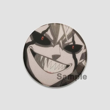 Black clover asta lapel pin featuring a circular design with glowing red eyes and sharp teeth on a monochrome background