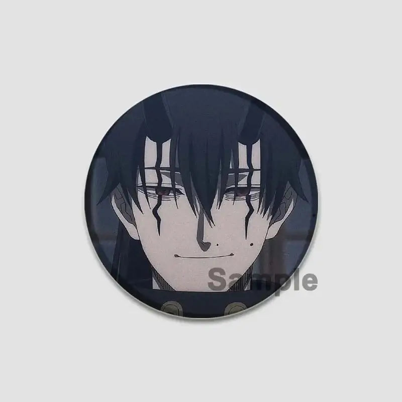 Black clover asta circular black and gray enamel lapel pin featuring stylized face with dark hair and facial markings