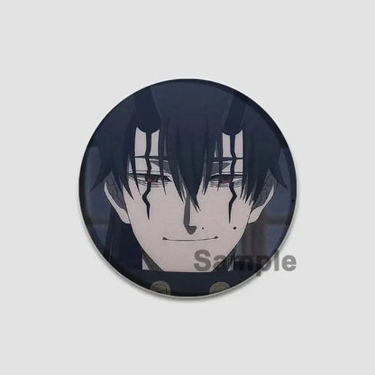 Black clover asta circular black and gray enamel lapel pin featuring stylized face with dark hair and facial markings