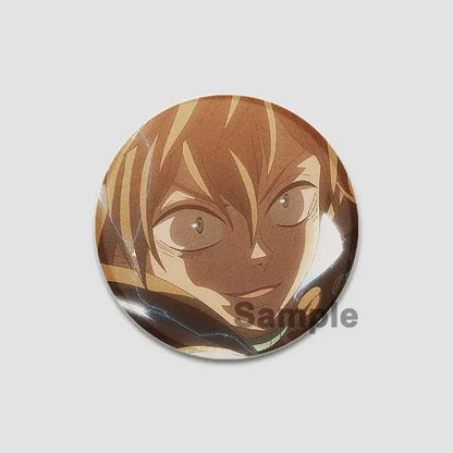Circular black clover asta lapel pin featuring glossy anime character with brown hair and expressive eyes for backpacks