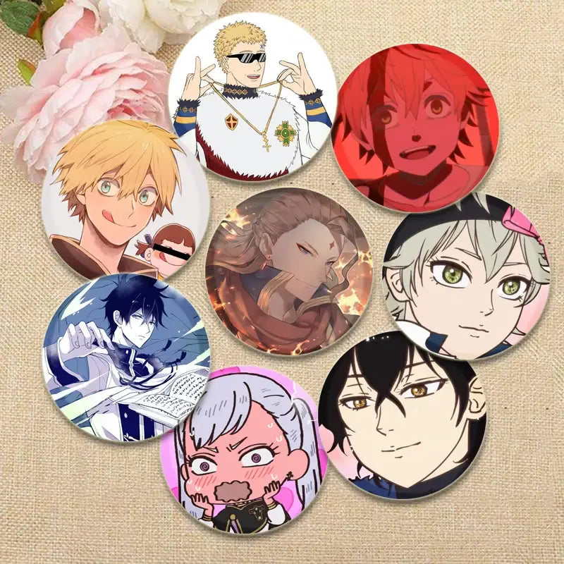 Set of seven glossy black clover asta circular anime character pin badges with vibrant detailed illustrations for backpacks