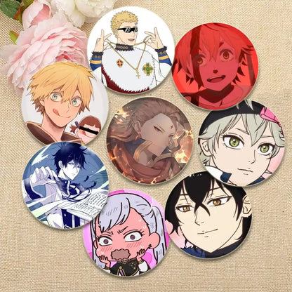 Set of seven glossy black clover asta circular anime character pin badges with vibrant detailed illustrations for backpacks
