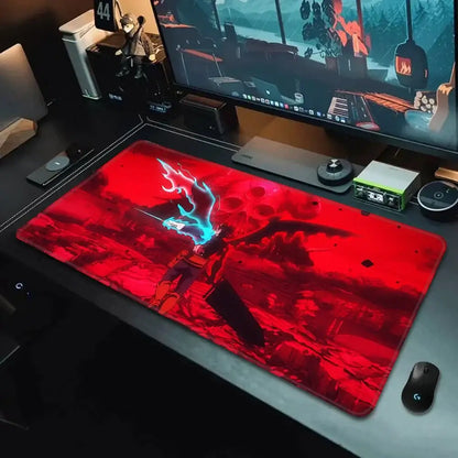 Red black clover asta gaming mousepad featuring anime character with glowing blue energy on dark fiery background