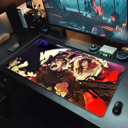 Vibrant black clover asta gaming mousepad with dynamic characters on fiery red non-slip surface 90x40cm xxl size