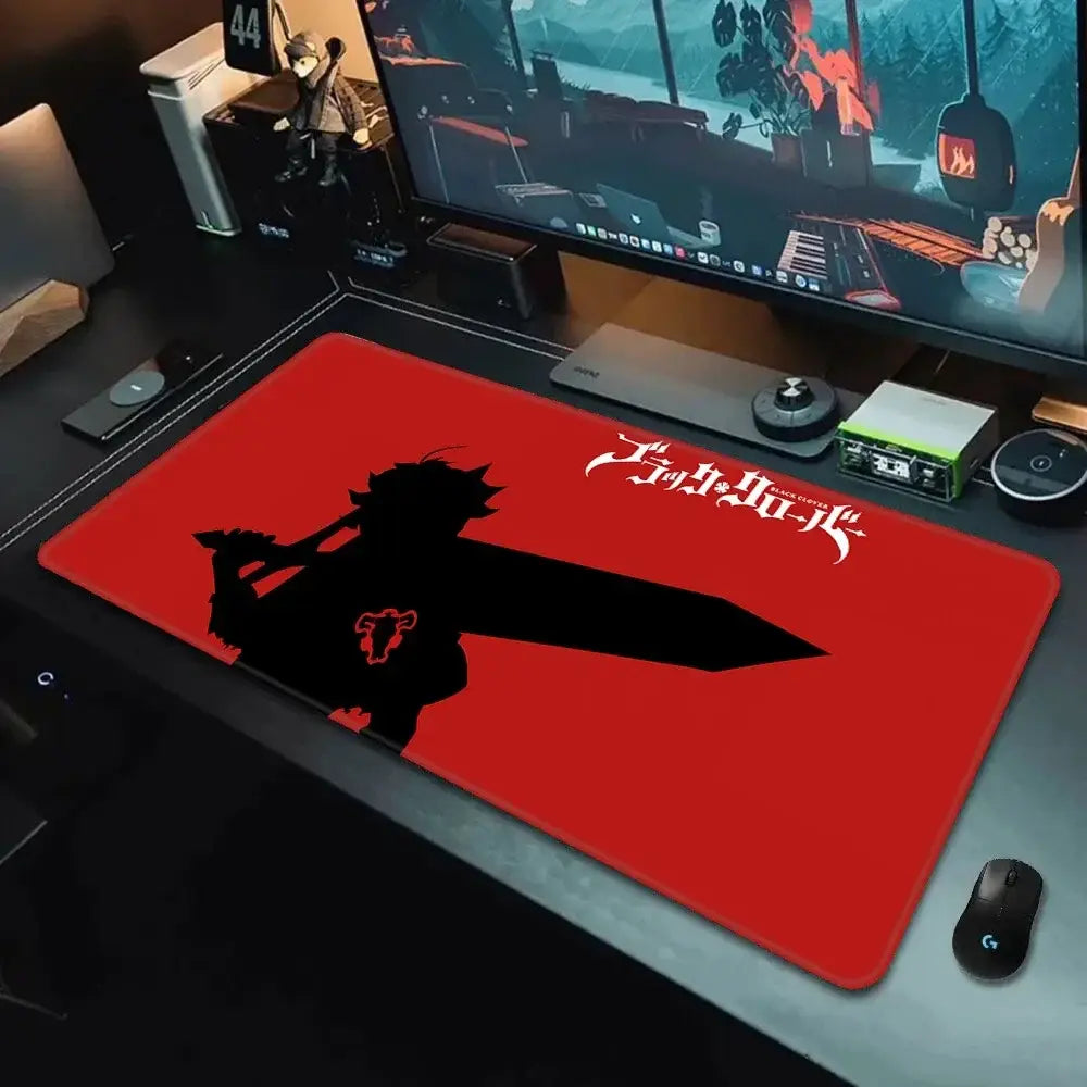 Red black clover asta gaming mousepad featuring black anime silhouette and white text non slip xxl 90x40cm