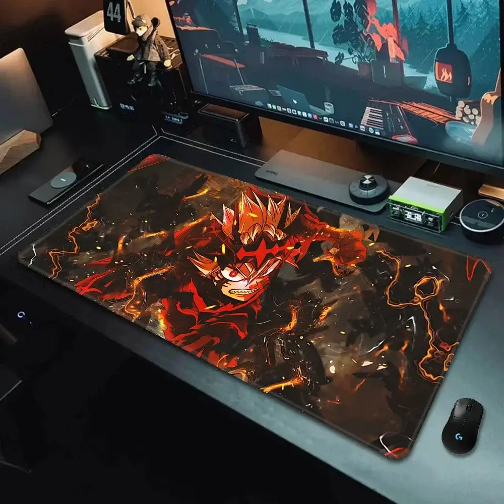 Black clover asta mousepad rectangular non-slip with vibrant fiery anime design in glowing orange and red flames