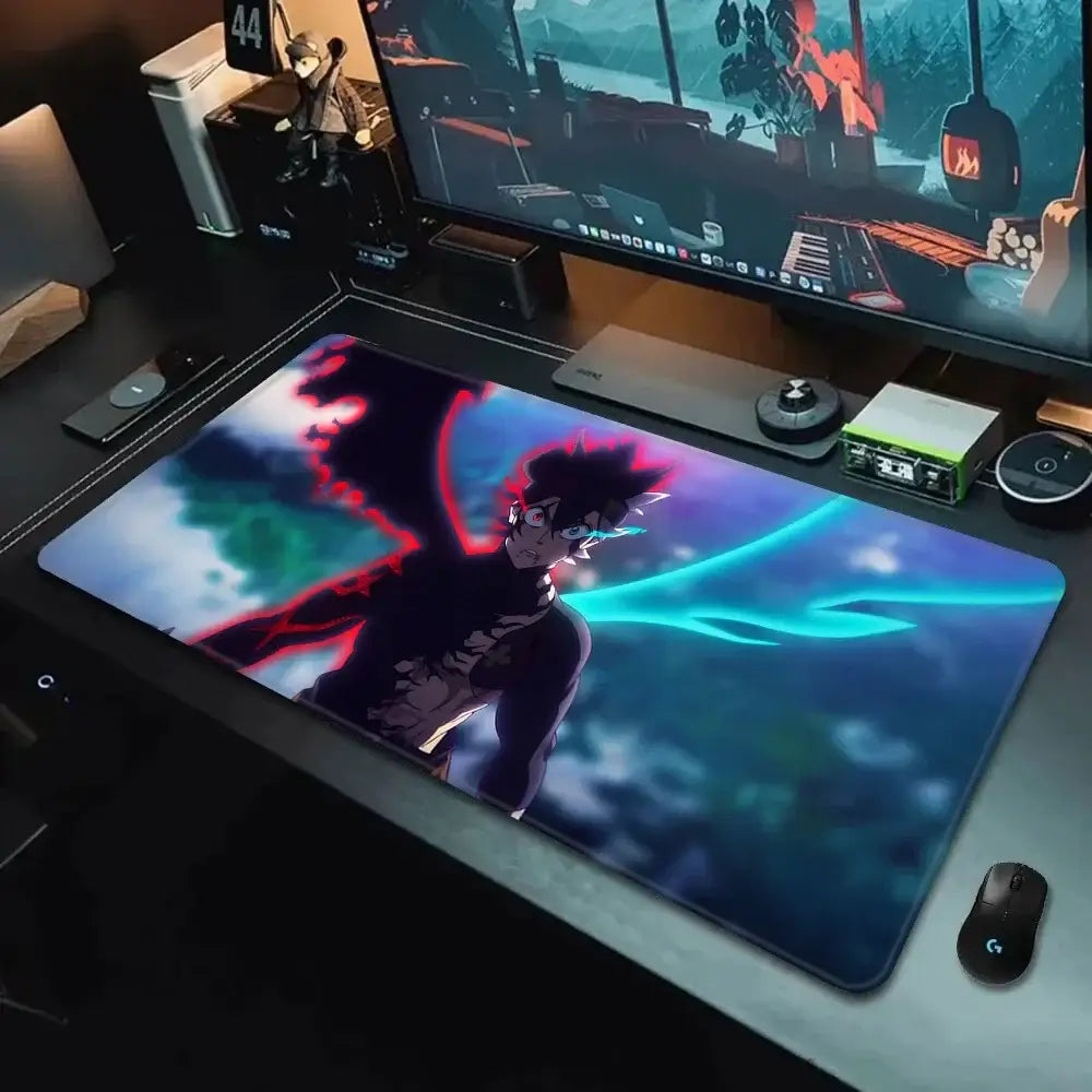 Black clover asta mousepad xxl 90x40cm non-slip with vibrant anime character and glowing red and blue energy effects