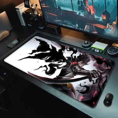 Black clover asta gaming mousepad in black and red with dynamic character design on smooth glossy non-slip surface