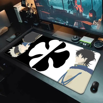 Black clover asta mousepad xxl 90x40cm non-slip featuring black and white split design with clover asta characters and symbol