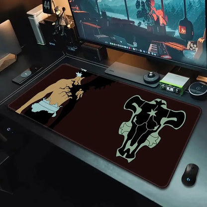 Dark brown black clover asta gaming mousepad with non-slip surface featuring anime character and skull logo xxl 90x40cm
