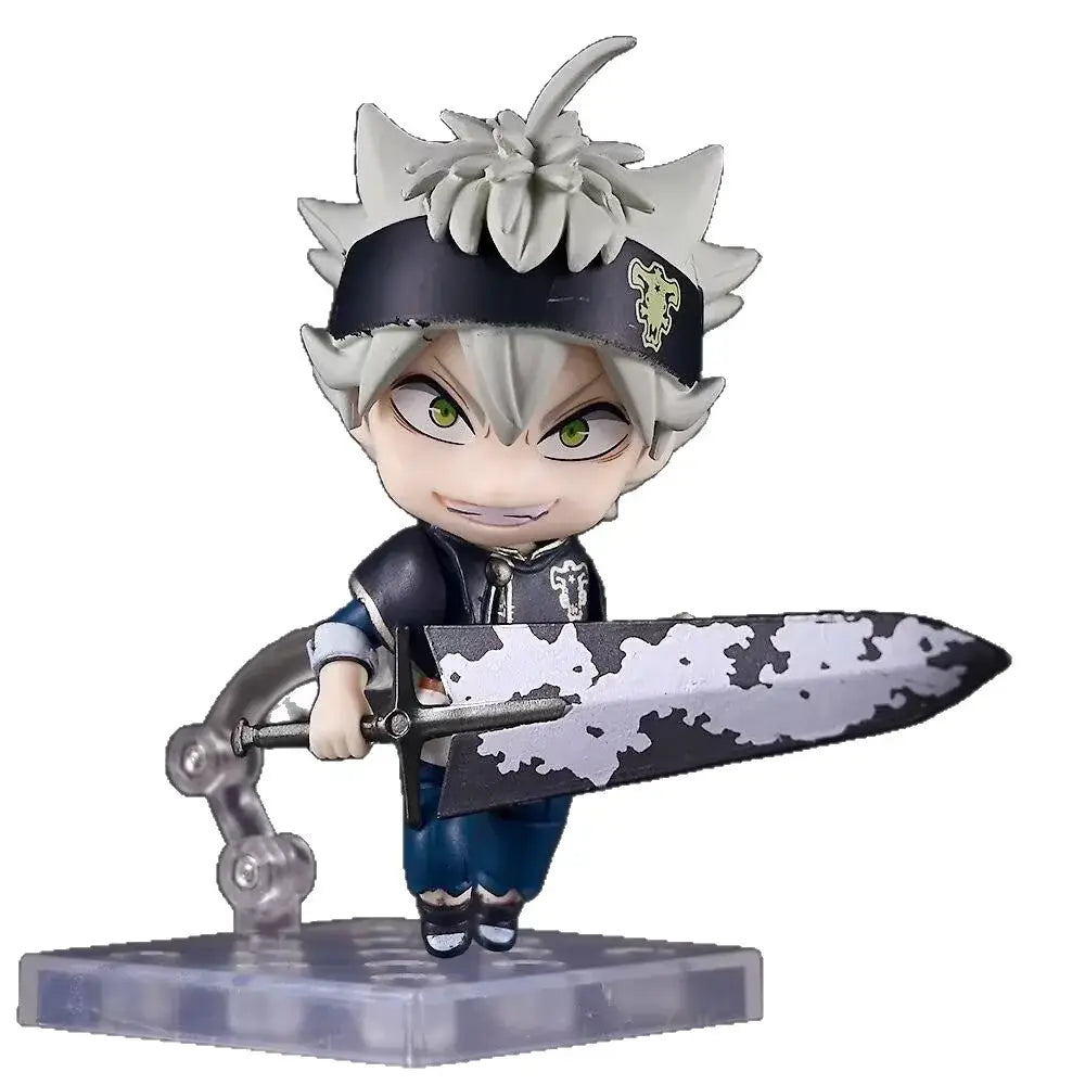 Chibi style black clover asta nendoroid figure with spiky silver hair green eyes and replaceable face holding large sword