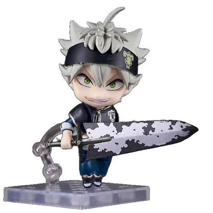 Chibi style black clover asta nendoroid figure with spiky silver hair green eyes and replaceable face holding large sword