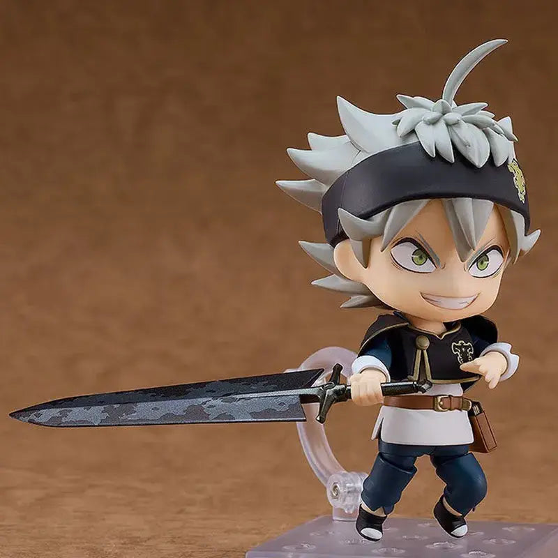 Chibi black clover asta nendoroid figure with spiky silver hair green eyes dark blue outfit and replaceable face holding sword