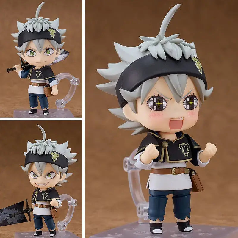 Chibi black clover Asta nendoroid figure with spiky silver hair and replaceable face in black outfit with gold trim
