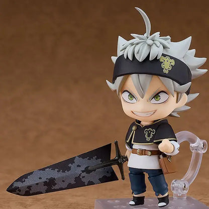 Chibi black clover asta nendoroid figure with replaceable face and spiky silver hair holding a dark patterned sword