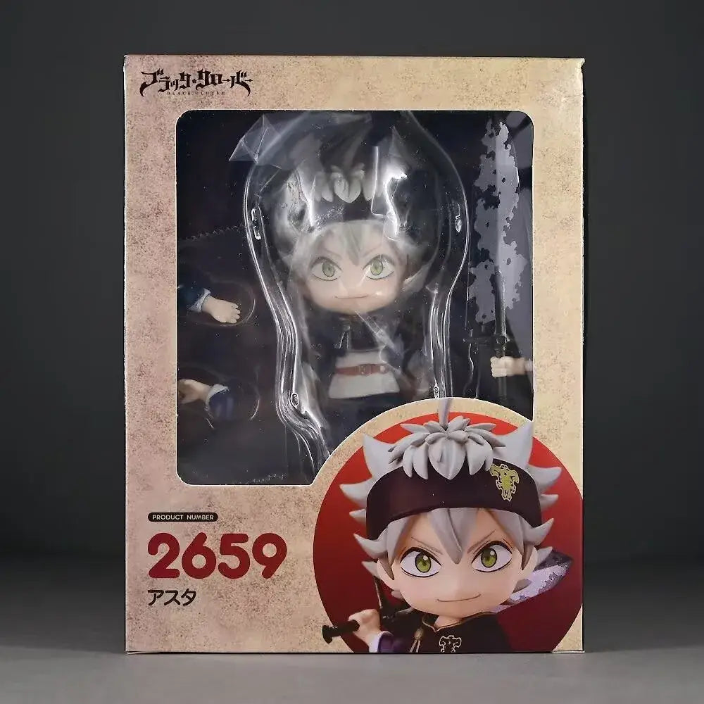 Black clover asta nendoroid figure with silver hair green eyes replaceable face in black and white outfit with red cap in box