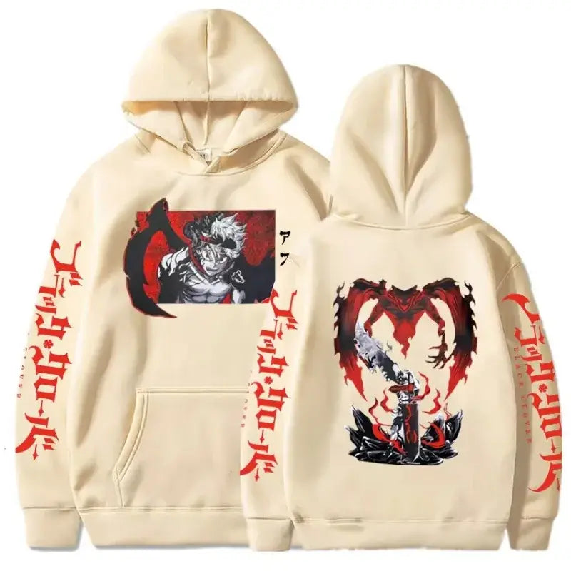 Plus size cream cotton black clover asta oversized hoodie with bold red and black anime artwork and sleeve text