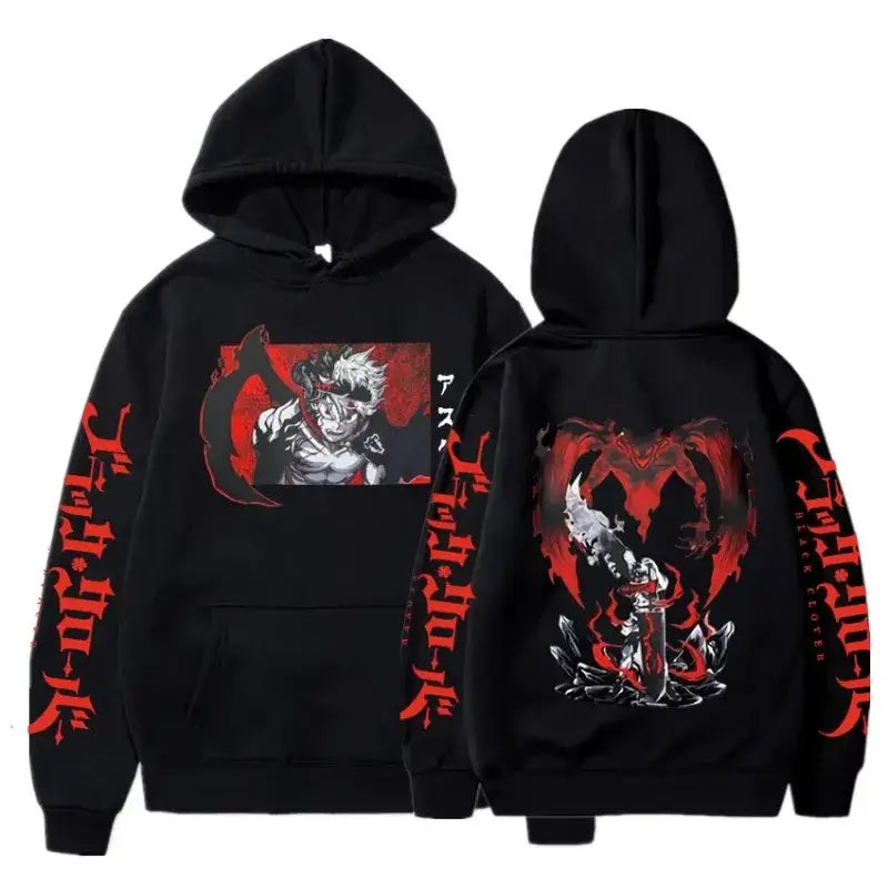 Plus size black clover asta oversized hoodie in cotton with bold red and white anime artwork and japanese text on sleeves