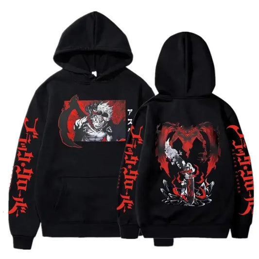 Plus size black clover asta oversized hoodie in cotton with bold red and white anime artwork and japanese text on sleeves