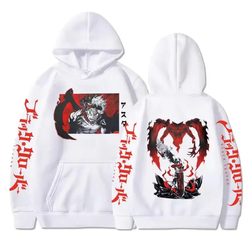 White plus size black clover asta oversized hoodie in cotton with bold red black anime art and japanese text on sleeves