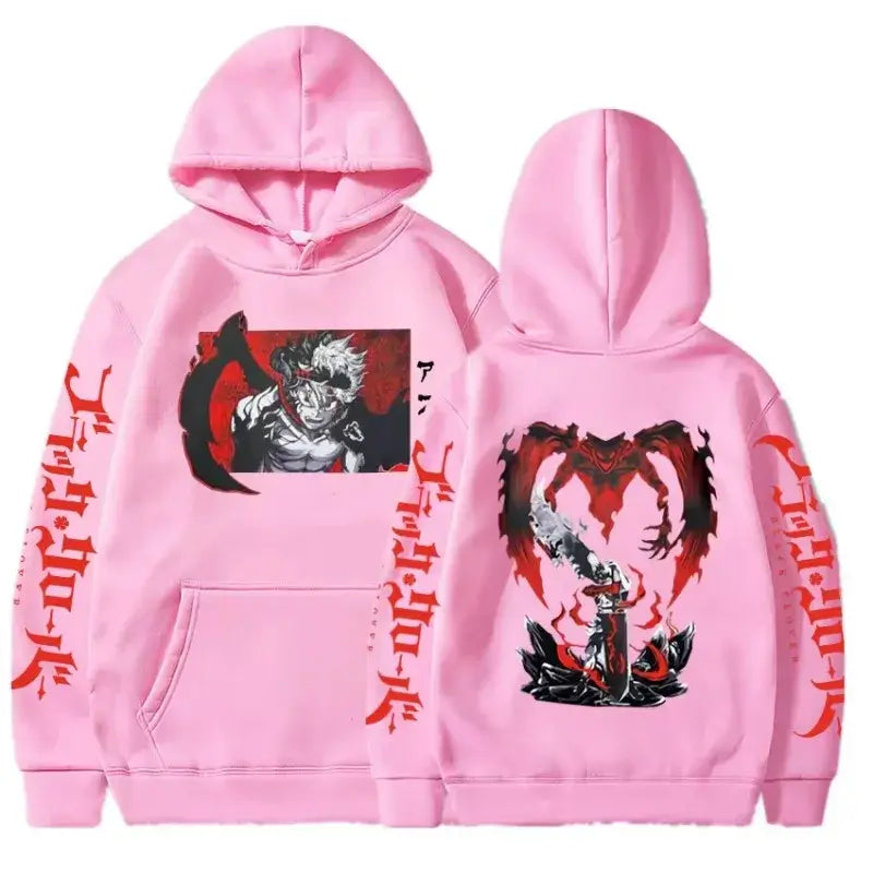 Plus size black clover asta oversized hoodie in pink cotton with red and black anime graphic print on front back and sleeves