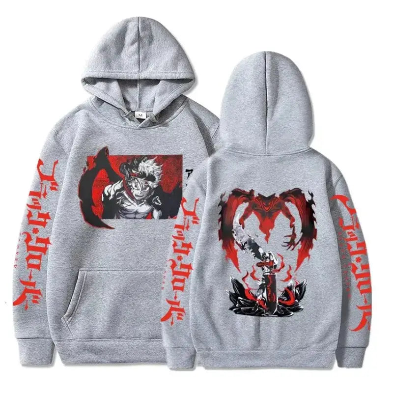 Plus size black clover asta oversized hoodie in gray cotton with bold red and black anime artwork and sleeve text