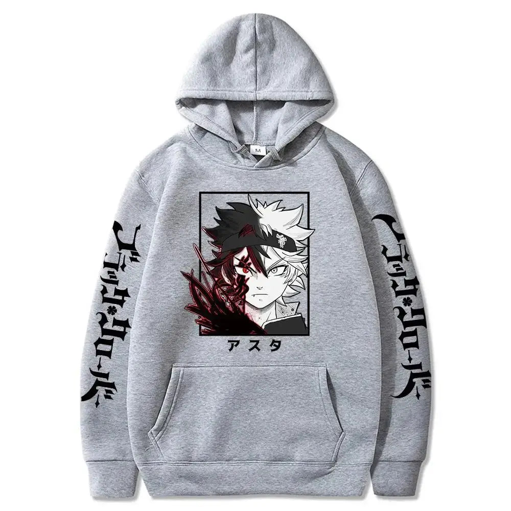 Gray hooded sweatshirt with black clover black and white anime graphic red accents and japanese text with long sleeves