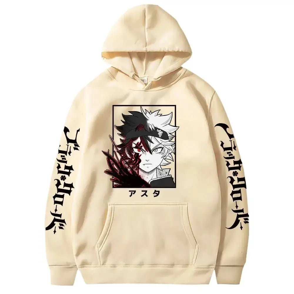 Cream-colored black clover asta oversized hoodie with long sleeves featuring anime graphic and japanese text accents