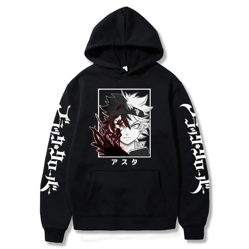 Black clover asta oversized hoodie with graphic print, white and red detailing, and long sleeves for winter wear