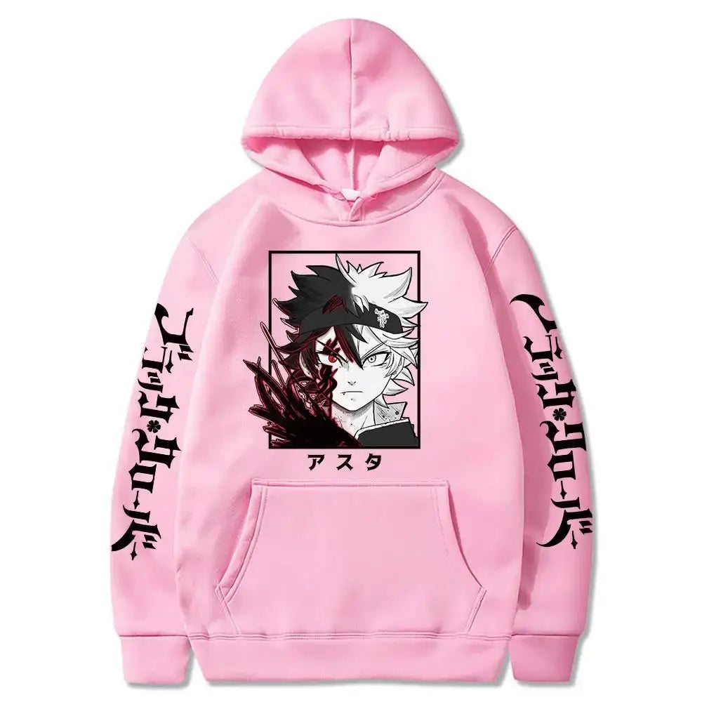 Pink black clover oversized hoodie with black and white anime graphic, japanese text, and long sleeves design for winter