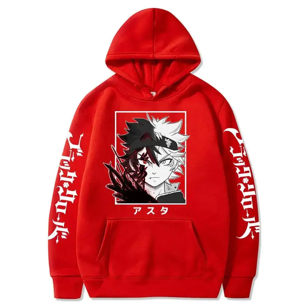 Red hooded sweatshirt with black clover long sleeves featuring black and white anime graphic and japanese text