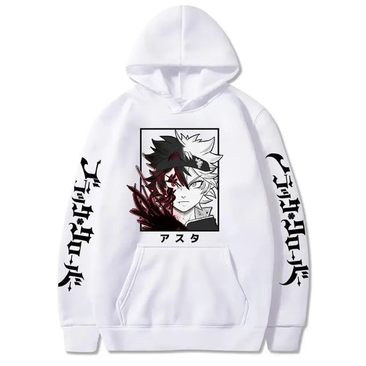 White oversized hoodie with black clover black and white anime design red accents and japanese text long sleeves winter wear