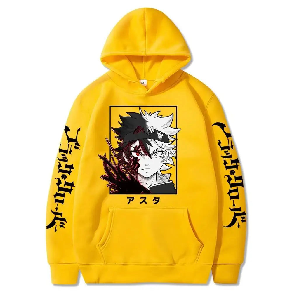 Bright yellow black clover asta oversized hoodie with long sleeves and black and white anime graphic and japanese text
