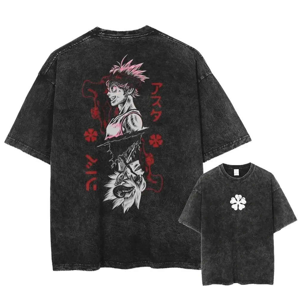 Black distressed t-shirt featuring black clover asta graphic with red accents in washed cotton material