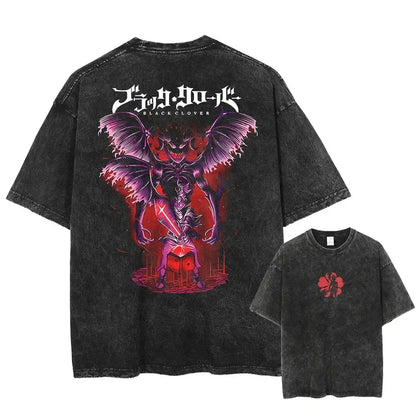 Black distressed washed cotton t-shirt featuring vibrant purple and red black clover asta demonic character on back