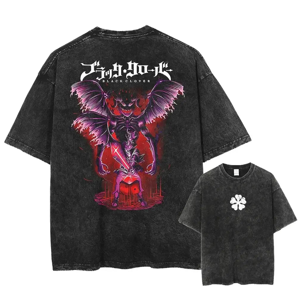 Black clover asta oversized black distressed t-shirt in washed cotton featuring purple red demonic character on back