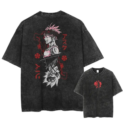 Black clover asta oversized t-shirt in black distressed washed cotton with asura graphic and red japanese text