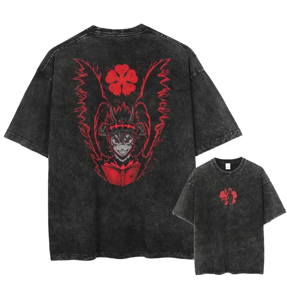 Black clover asta oversized t-shirt in black distressed washed cotton with bold red anime winged character and four-leaf clover graphic