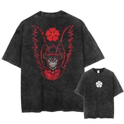 Black clover asta oversized t-shirt in black distressed washed cotton featuring red anime graphic and four-leaf clover