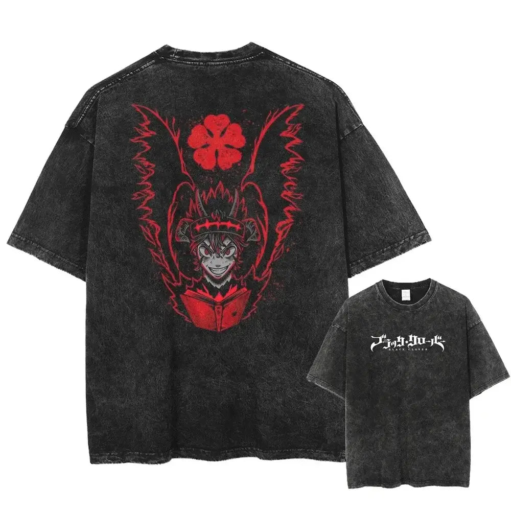 Back of black clover asta oversized t-shirt in washed cotton with distressed black fabric and bold red angelic graphic