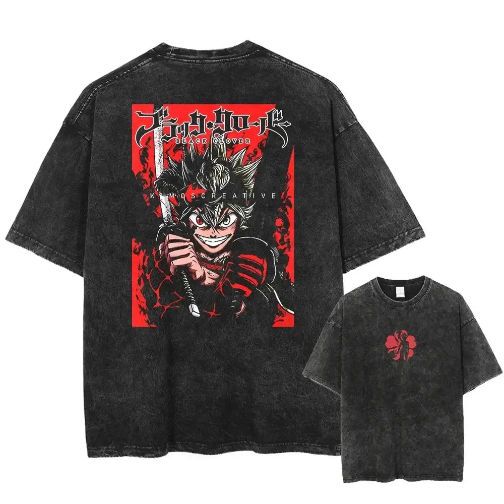Black distressed cotton t-shirt in washed cotton featuring bold red and black clover asta graphic on the back