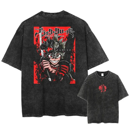 Black distressed cotton t-shirt in washed cotton featuring bold red and black clover asta graphic on the back