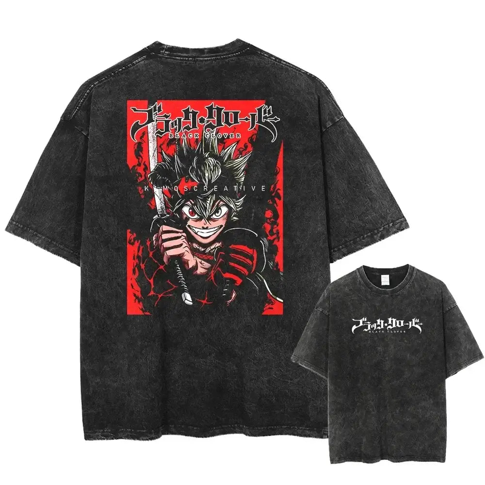 Black distressed cotton t-shirt with bold red and black black clover asta graphic on back and white text on chest made of washed cotton