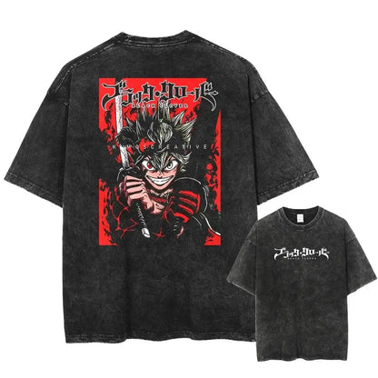 Black distressed cotton t-shirt with bold red and black black clover asta graphic on back and white text on chest made of washed cotton