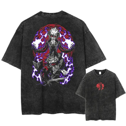 Black clover asta oversized washed cotton t-shirt in black with back anime graphic and matching floral chest tee